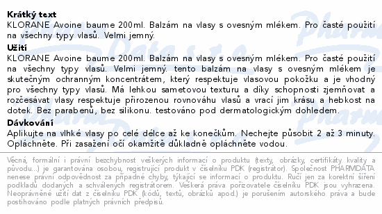 KLORANE Balzám oves pro časté použití 200ml