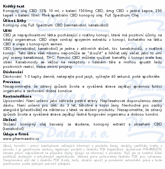 CBD 15% Full Spectrum Konopný olej 1500mg 10ml